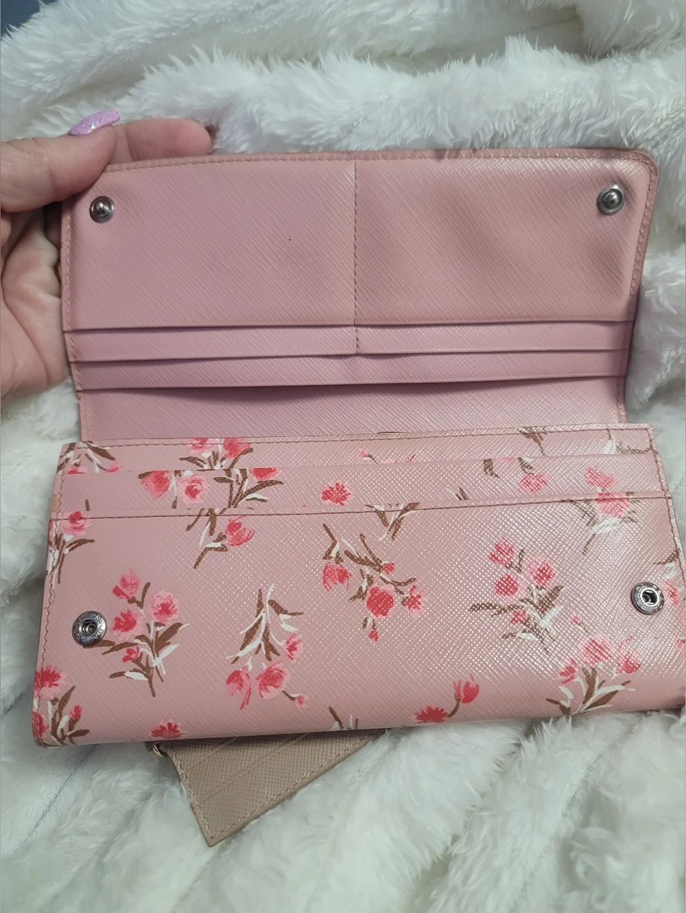 Prada Floral Continental Wallet made from pink Saffiano leather